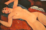 Modigliani: auf dem Rücken liegender weiblicher Akt in diagonaler Bildkomposition, Arme hinterm Kopf verschränkt